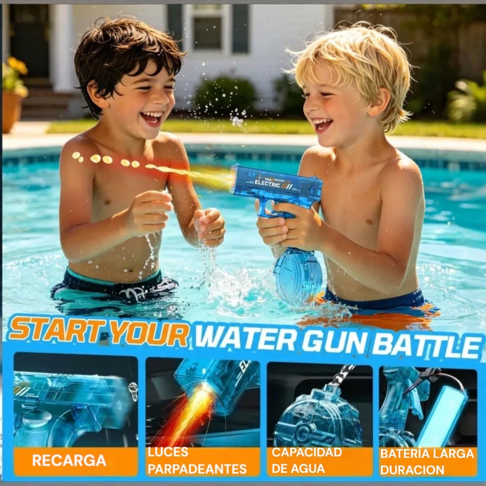 Niños jugando con pistola de agua eléctrica