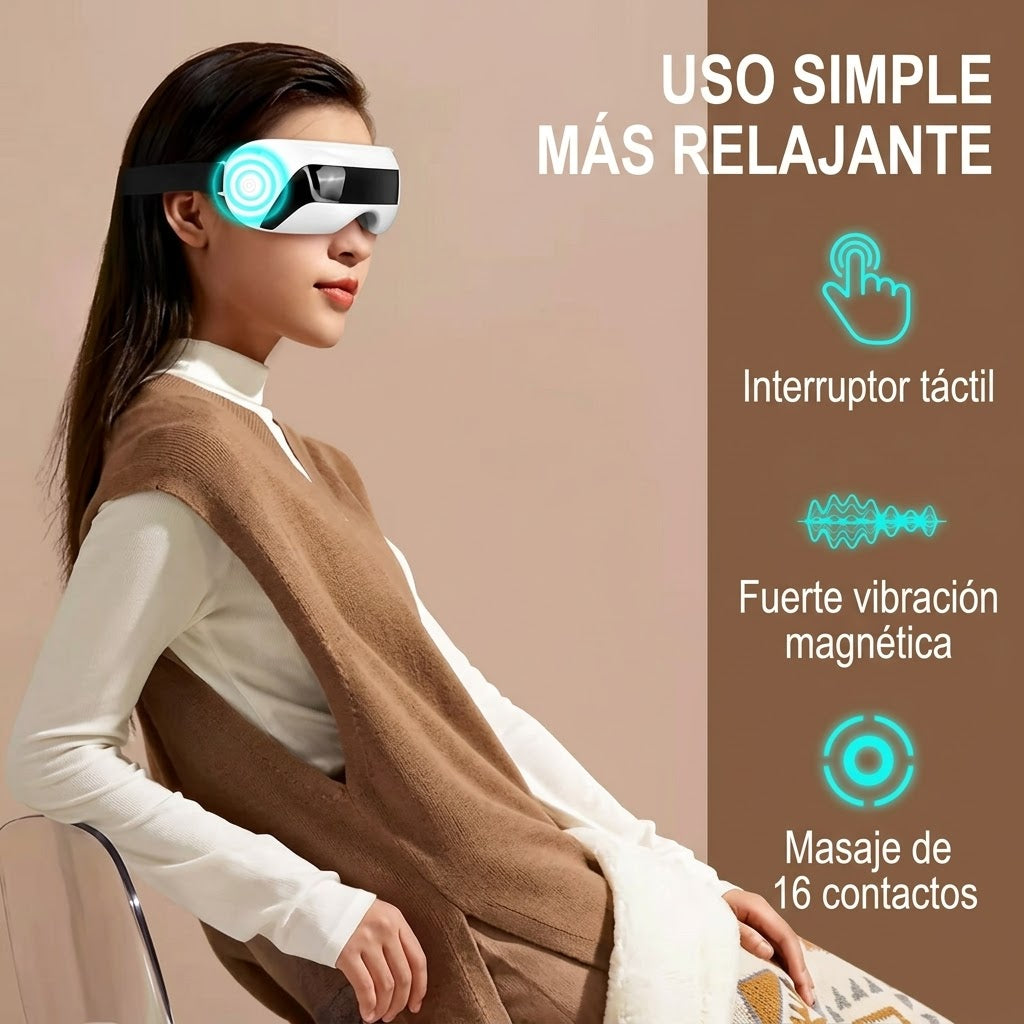 Mujer relajándose con masajeador de ojos