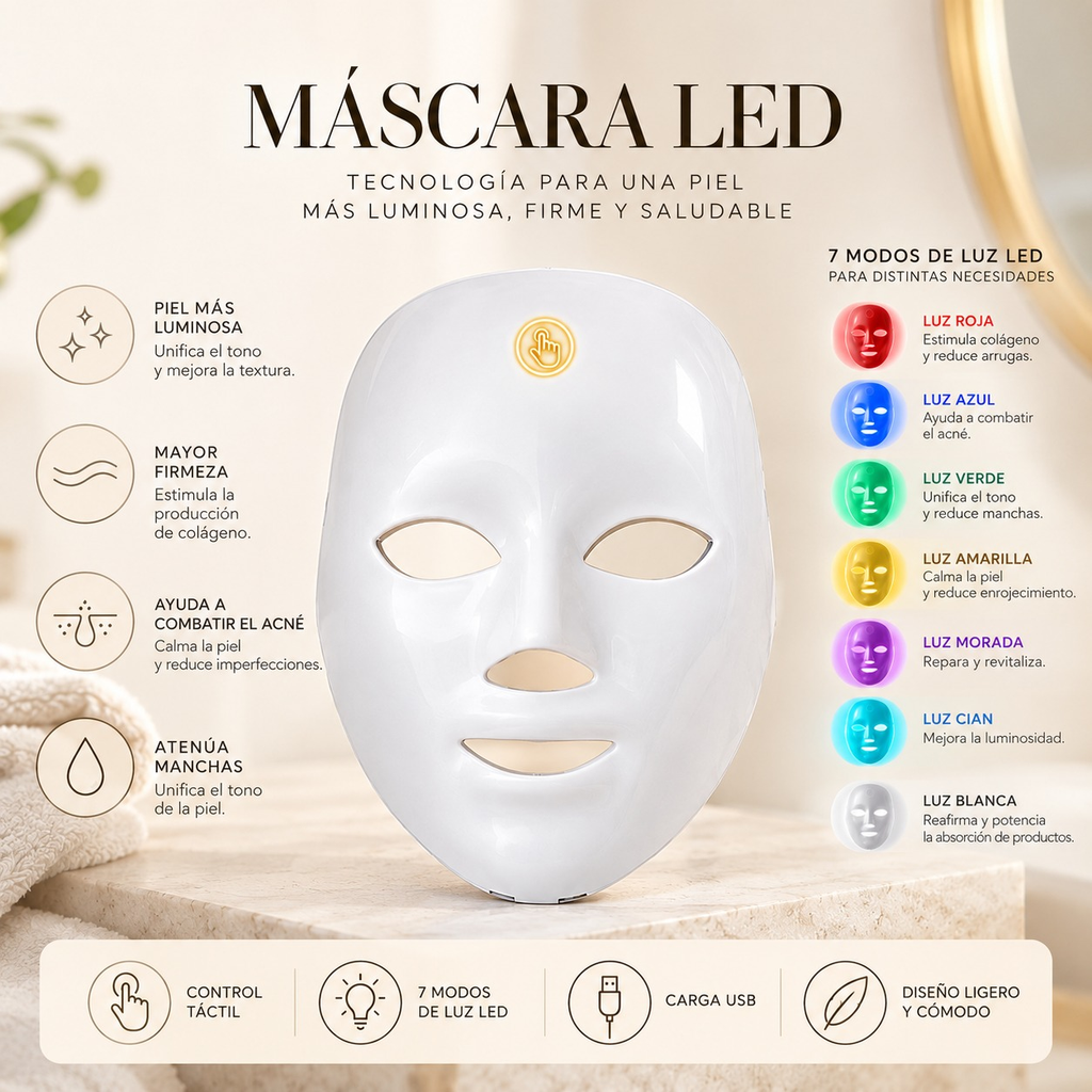 Máscara LED Facial de 7 Colores